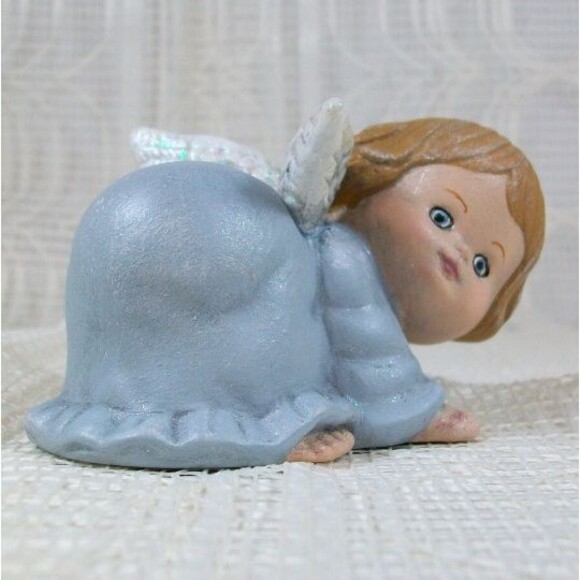 Handmade Ceramic Angel Figurine In Blue, Playing Cute Angel Statue, Baptism Gift - Picture 2 of 8
